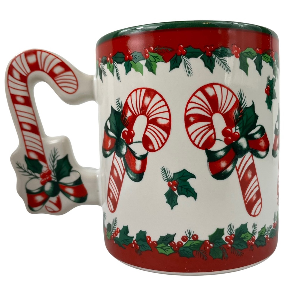 Vintage Christmas Candy Cane Themed Coffee Mug Holiday Cup 90s Holly Cottagecore